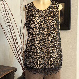 Neiman Marcus LelaRose  Lace Cut Design over Silk Blend Shell SLEEVELESS BLOUSE